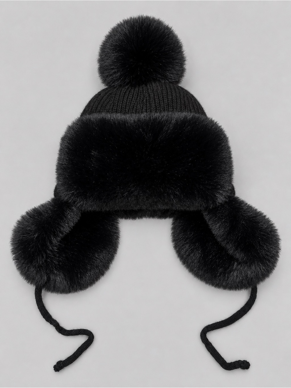 Black Faux-Fur Pom Pom Trapper Hat